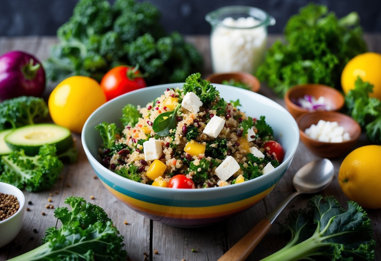 A colorful bowl of quinoa salad with kale and feta, surrounded by fresh ingredients and vibrant colors, evoking a sense of health and wellness