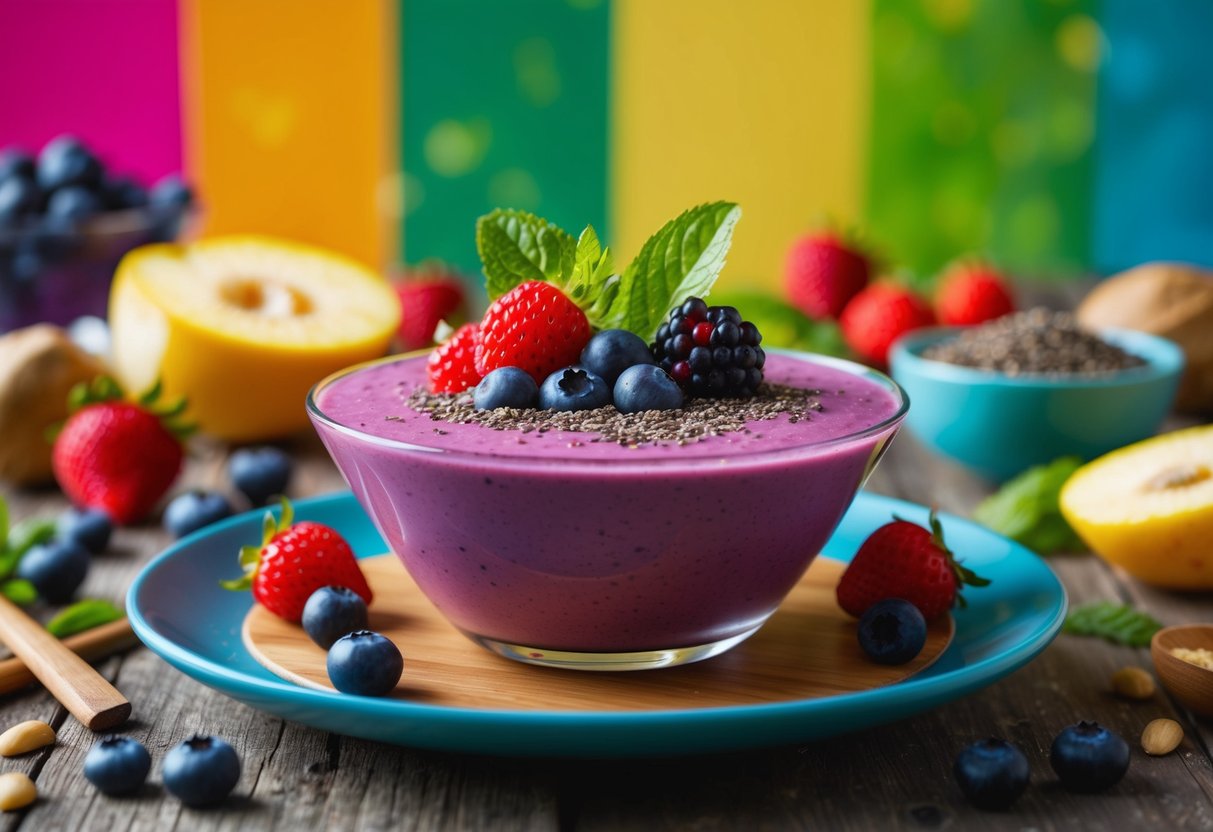 A vibrant smoothie bowl topped with assorted berries and chia seeds sits on a wooden table, surrounded by fresh ingredients and a colorful backdrop