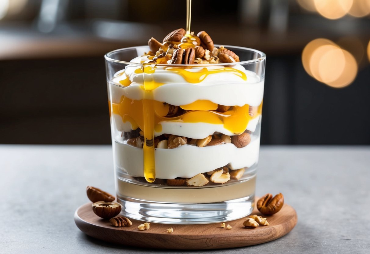 A clear glass parfait dish filled with layers of creamy Greek yogurt, drizzled with golden honey, and topped with a sprinkle of chopped nuts