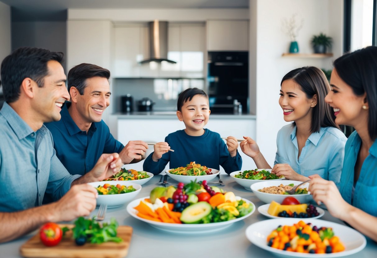 A family sitting around a dining table, enjoying a meal together. Colorful, nutritious food is displayed, and everyone is smiling and engaged in conversation