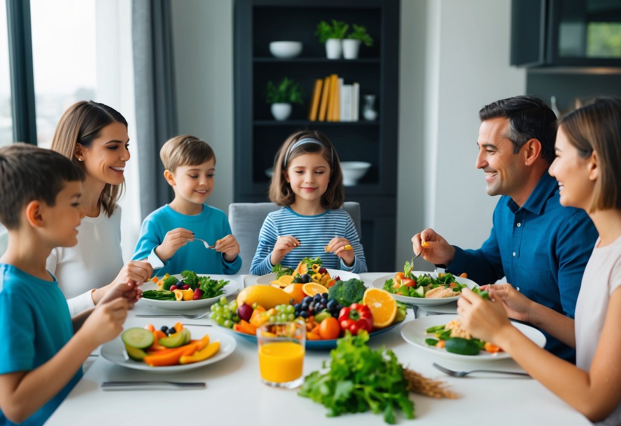 A family sitting around a dining table, enjoying a colorful and nutritious meal together. A variety of fruits, vegetables, and whole grains are visible on the table, showcasing a balanced and healthy diet