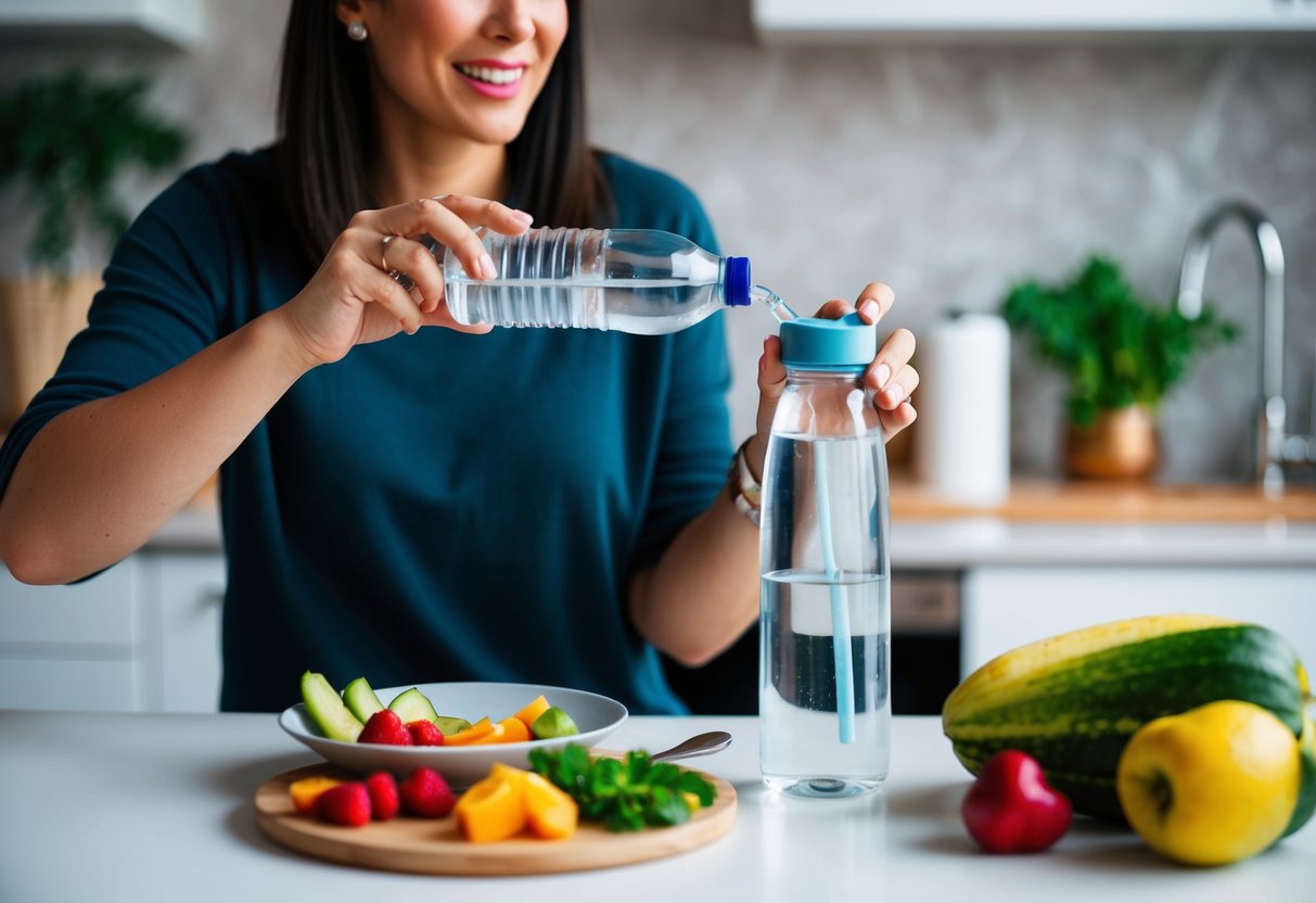 A parent juggling multiple tasks while sipping water and snacking on fresh fruits and vegetables. A water bottle and healthy snacks are within easy reach