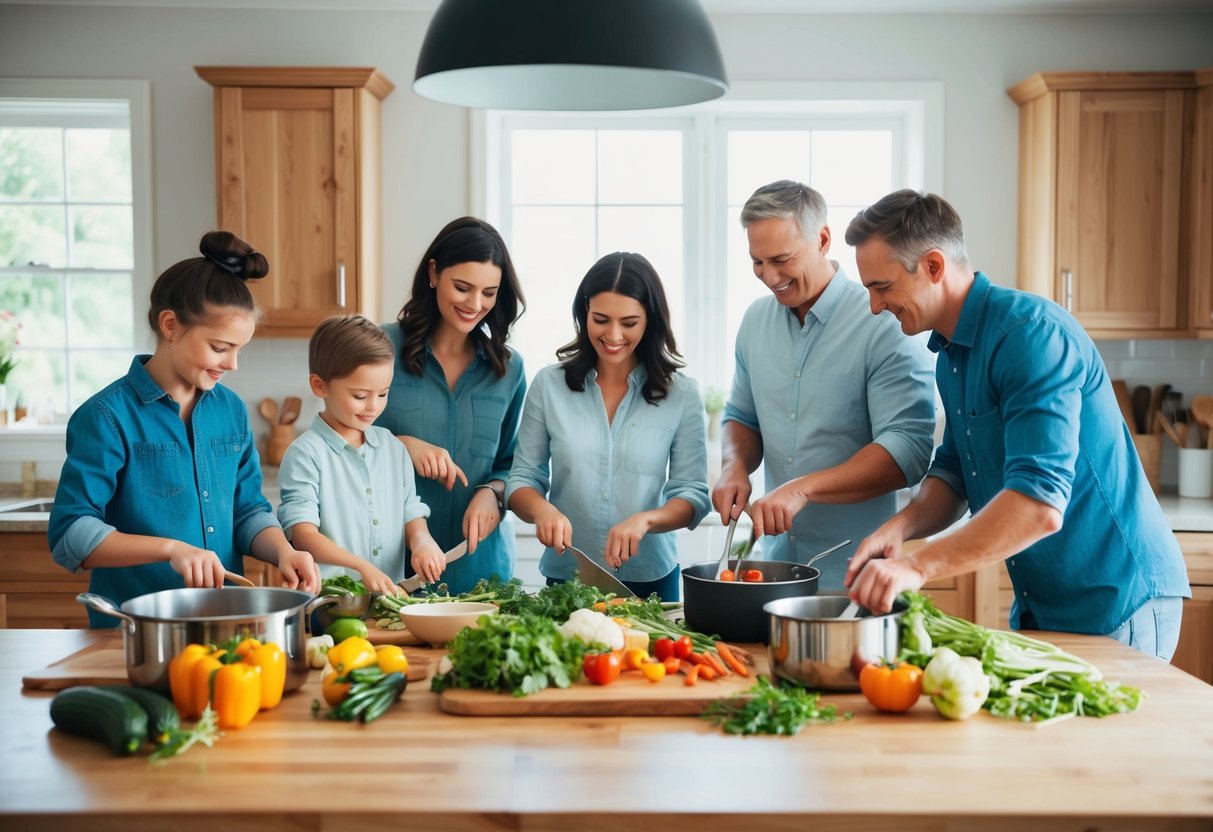 A family gathered around a kitchen island, chopping vegetables, stirring pots, and setting the table together for a healthy, home-cooked meal