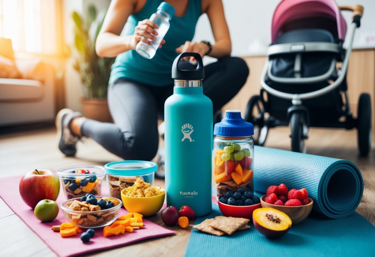 A stylish reusable water bottle surrounded by various healthy snacks and fruits, a yoga mat, a stroller, and a busy parent juggling multiple tasks