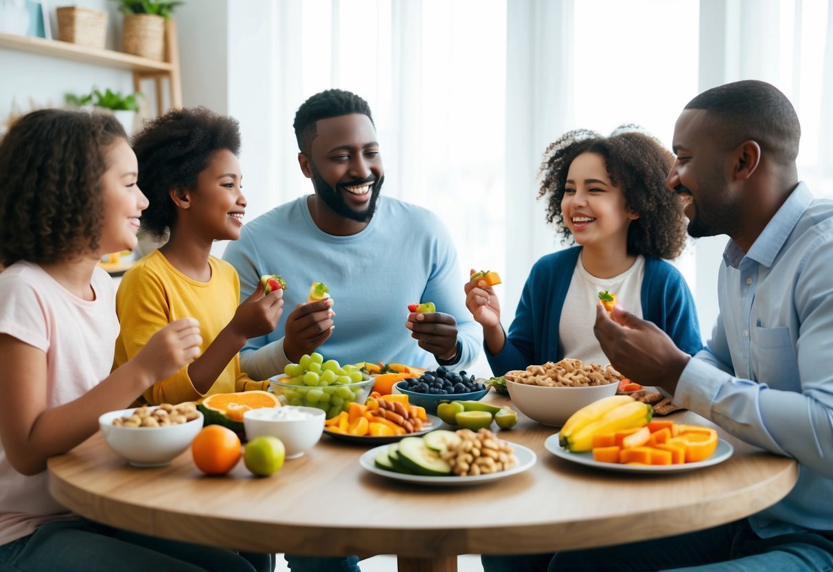 A family sitting around a table enjoying a variety of colorful and nutritious snacks, such as fruits, vegetables, nuts, and yogurt, while engaging in conversation and laughter