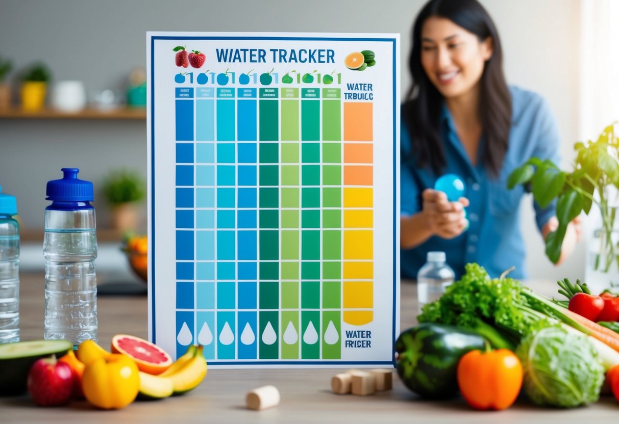 A colorful water tracker chart surrounded by images of fruits, vegetables, and water bottles, with a busy parent juggling tasks in the background