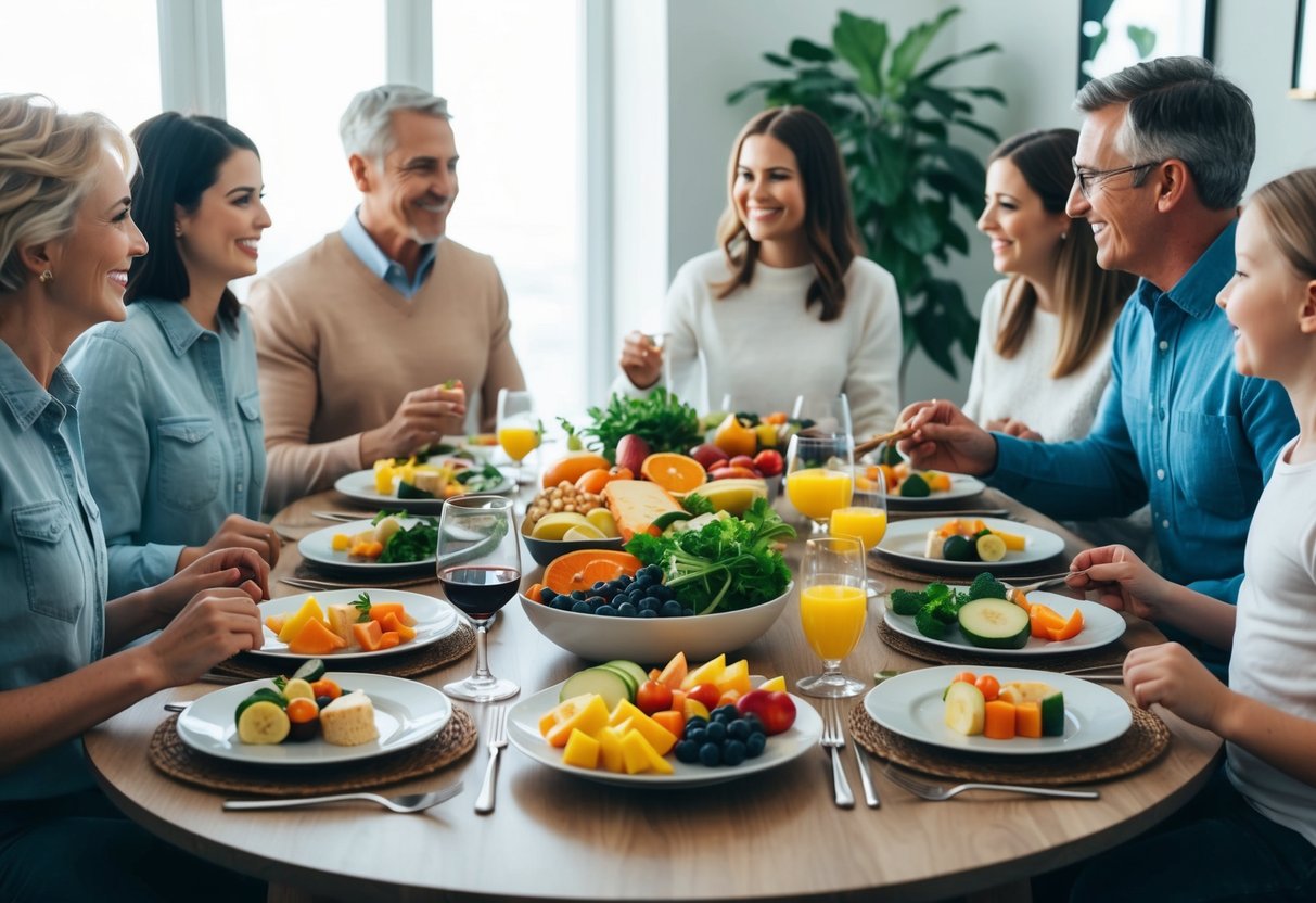 A family dinner table with balanced portions of fruits, vegetables, and proteins, surrounded by happy family members engaging in conversation