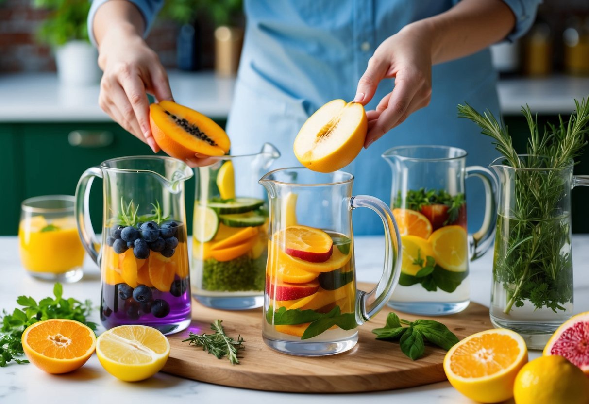 A variety of fresh fruits and herbs are being sliced and placed into clear pitchers of water, creating colorful and refreshing infused water options