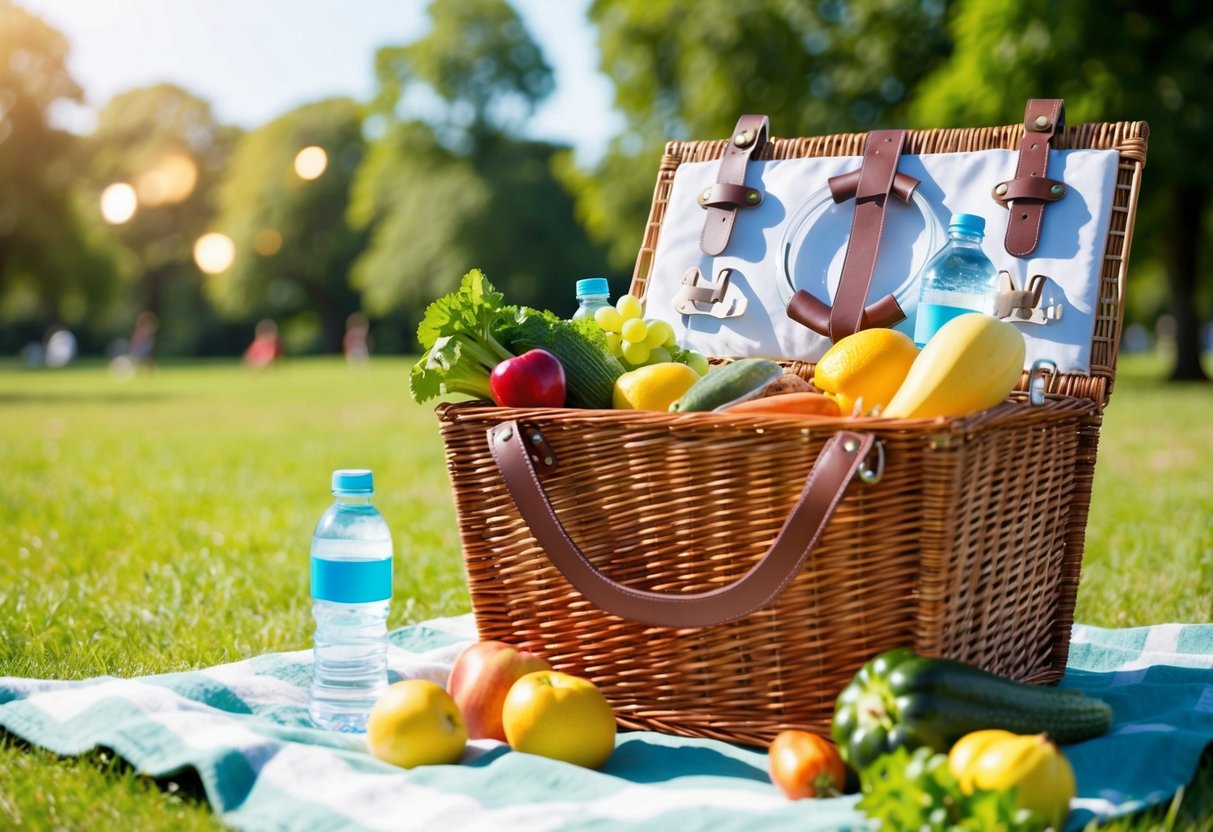 A picnic basket filled with fruits, vegetables, and water bottles sits on a blanket in a sunny park