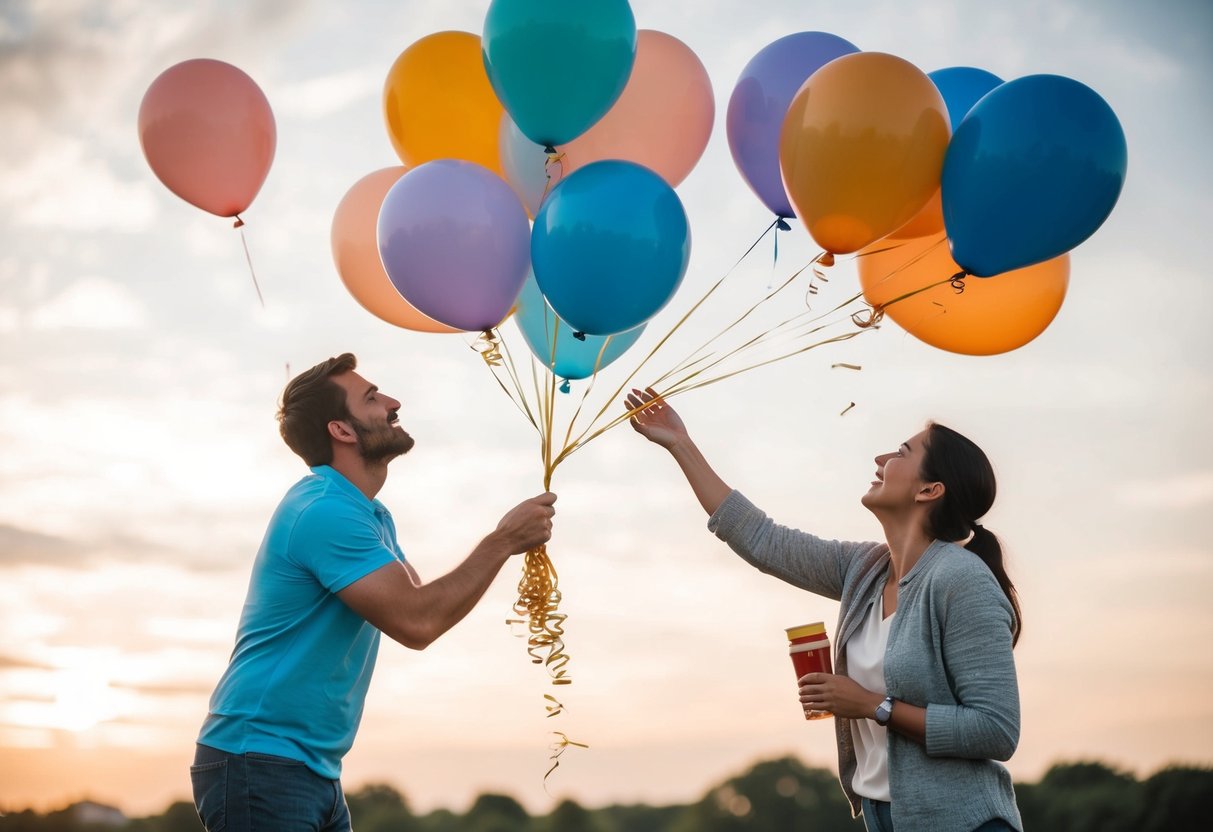 A parent releasing a bundle of balloons into the sky