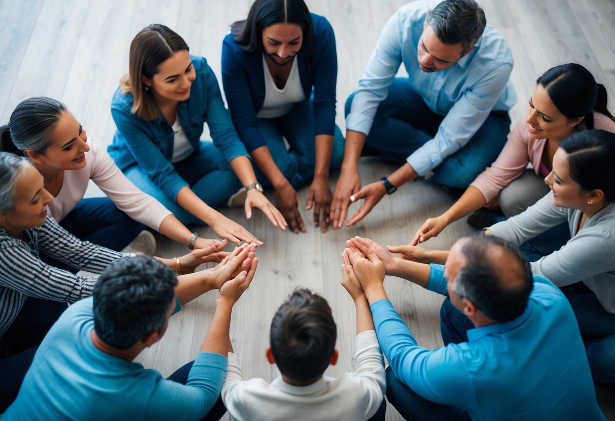 A group of parents gather in a circle, offering support and empathy to one another. They share strategies and encouragement, creating a sense of understanding and solidarity