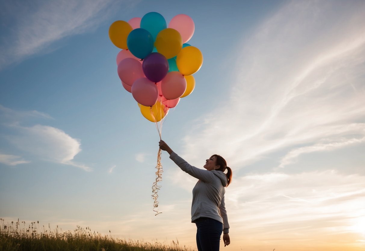 A parent releasing a bundle of balloons into the sky, symbolizing the act of letting go of parental guilt