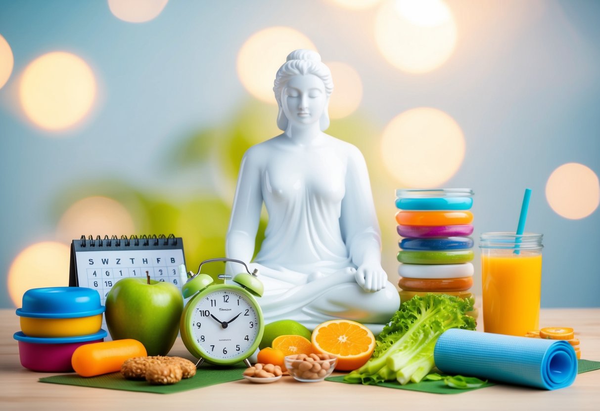 A serene figure surrounded by a clock, calendar, exercise equipment, healthy food, and relaxation items, symbolizing balance and letting go of parental guilt