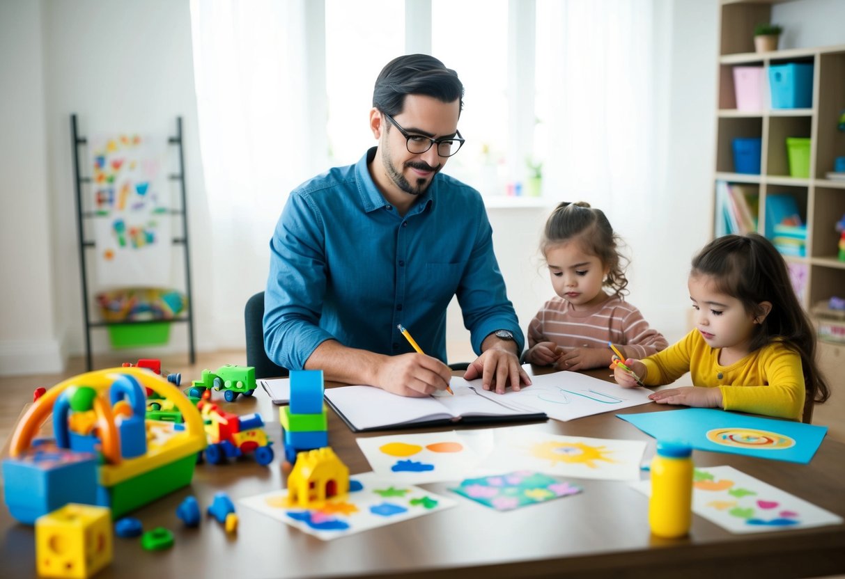 A parent working at a desk with toys and children's artwork scattered around, while also juggling household chores and interacting with their kids