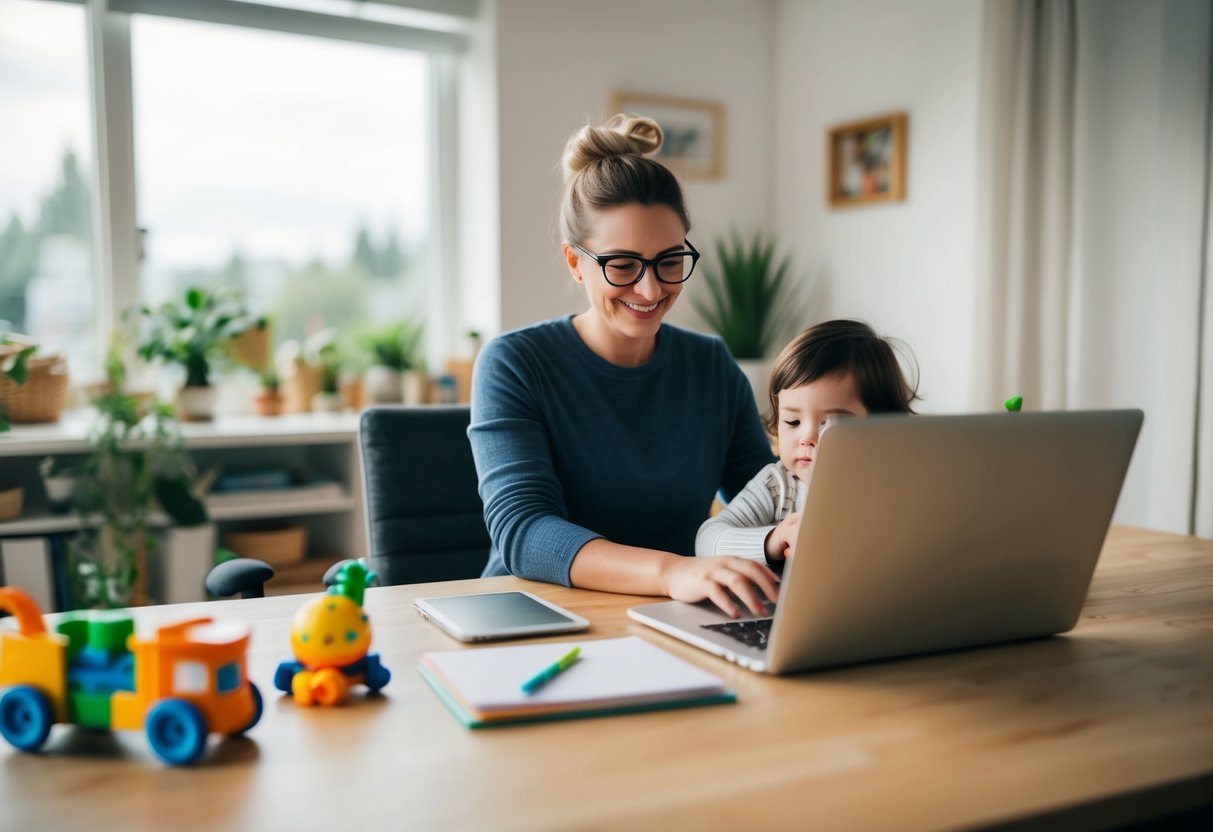 A parent with a laptop and a child's toy scattered around, balancing work and parenting in a cozy home office with natural light streaming in