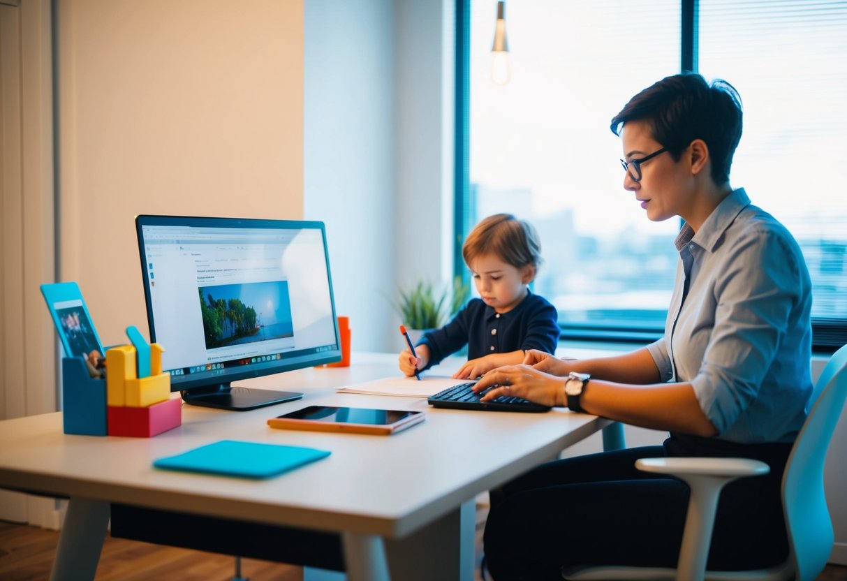 A parent working at a desk with a clear separation between their work space and a designated play area for their child