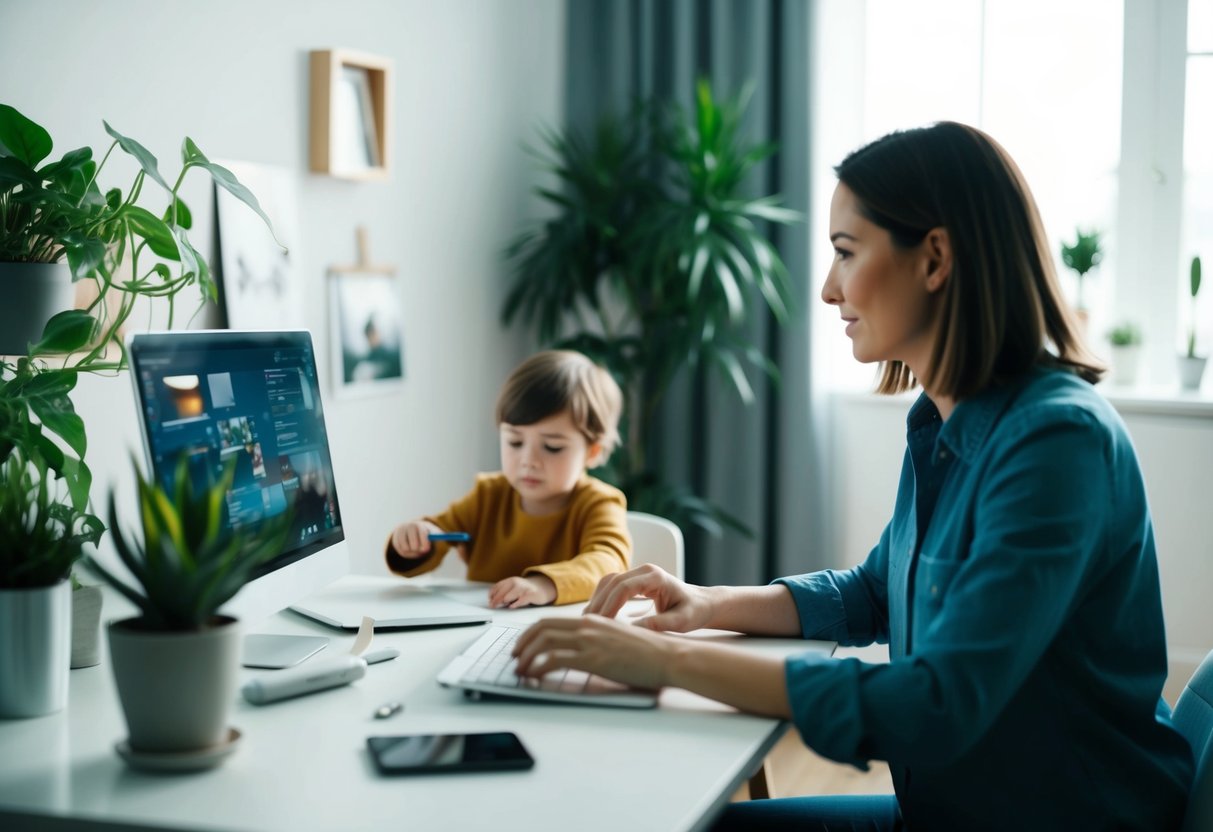 A parent working at a desk with a child playing nearby, surrounded by calming elements like plants and soft lighting