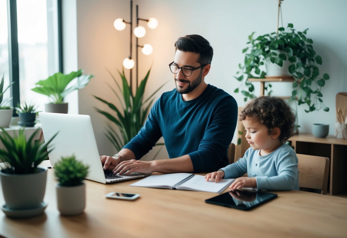 A parent working at a desk with a child playing nearby, surrounded by calming elements like plants, soft lighting, and a cozy atmosphere