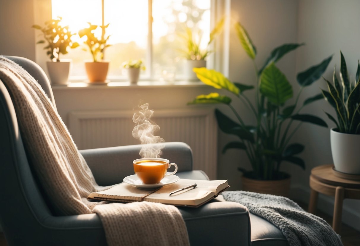 A serene, sunlit room with a cozy armchair, a warm cup of tea, a journal, and a soft blanket, surrounded by plants and gentle music