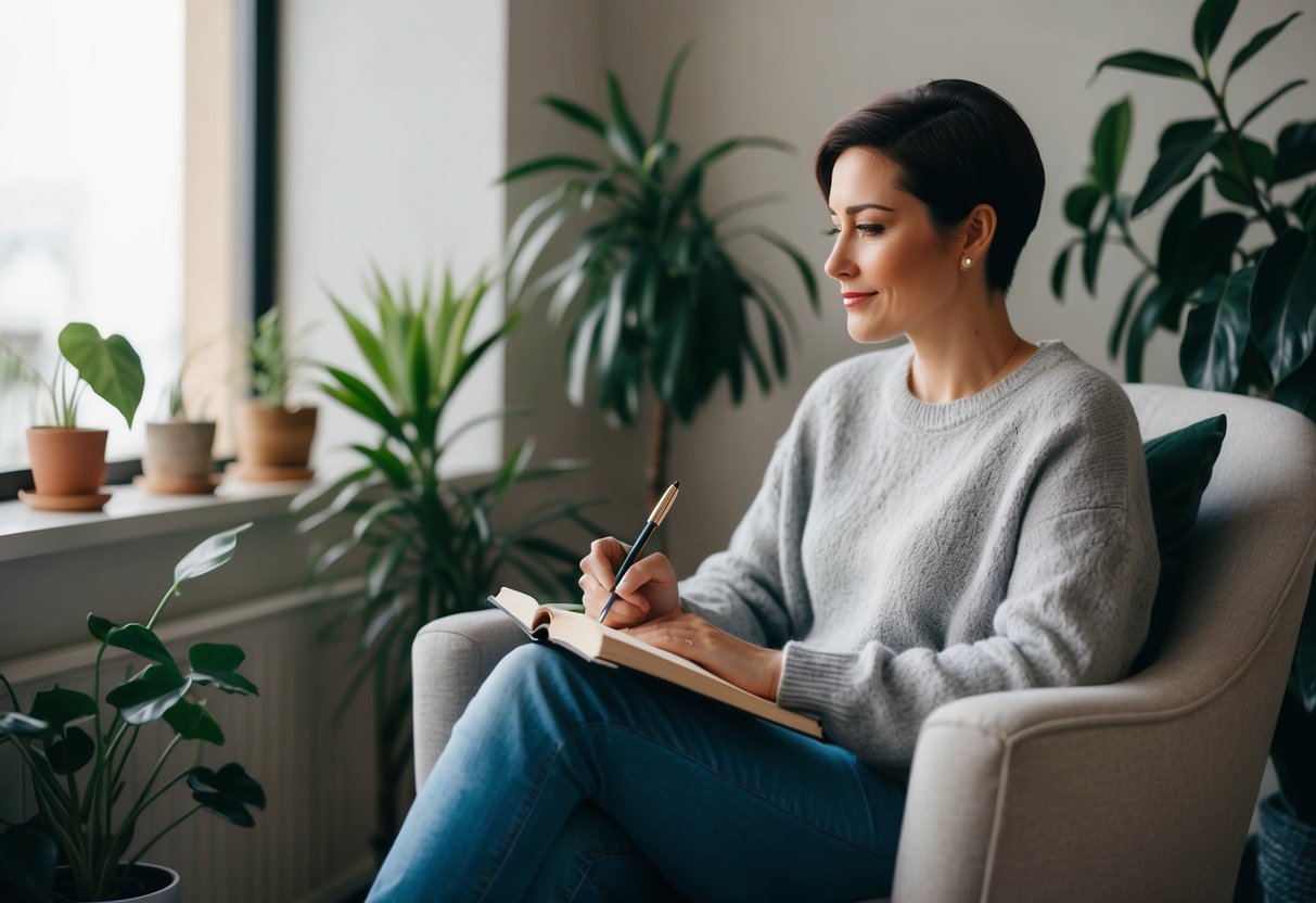 A person sitting in a cozy chair, surrounded by plants and soft lighting, with a journal and pen in hand, looking introspective and at peace