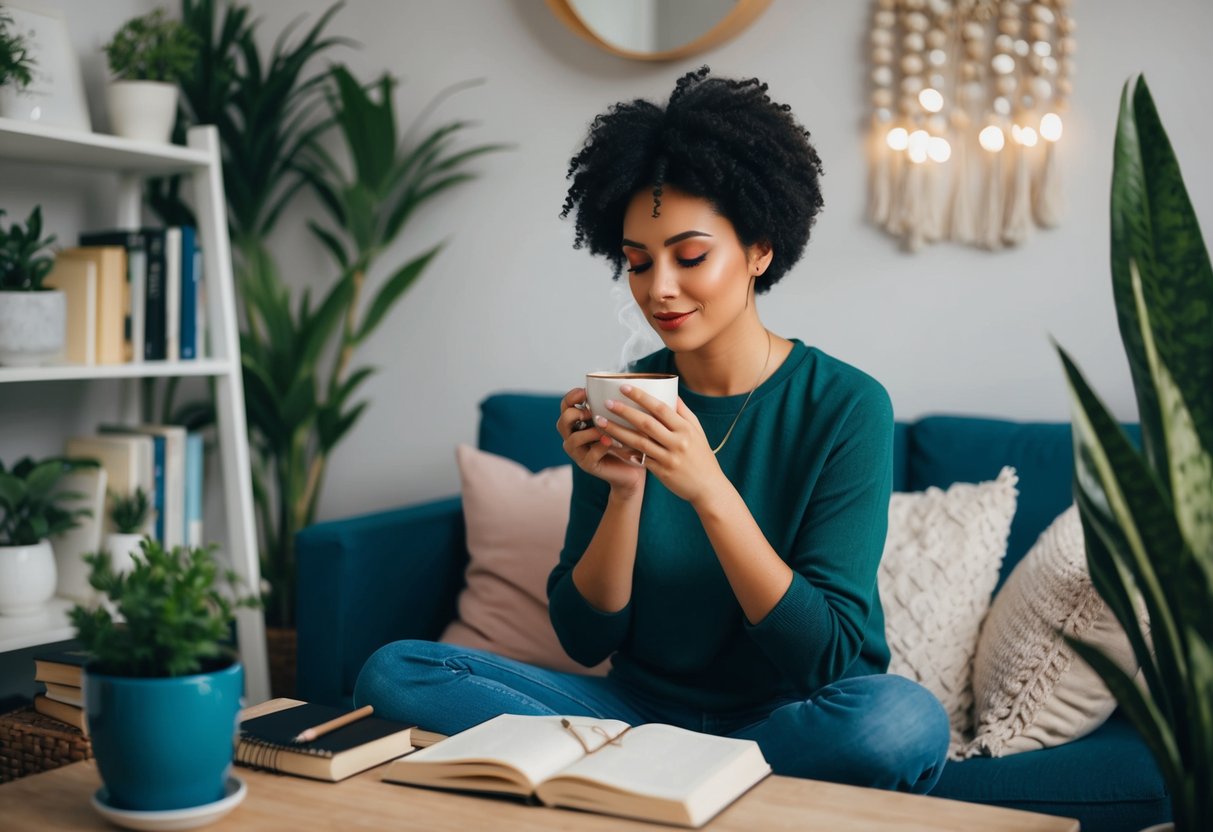 A person sitting in a cozy room, surrounded by plants, books, and calming decor. They are sipping tea and taking deep breaths, with a journal and pen nearby for reflection