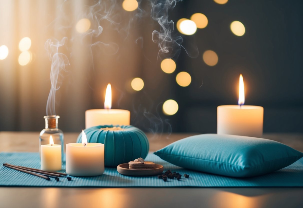 A serene, tranquil setting with soft lighting and calming elements such as candles, incense, and a comfortable meditation cushion