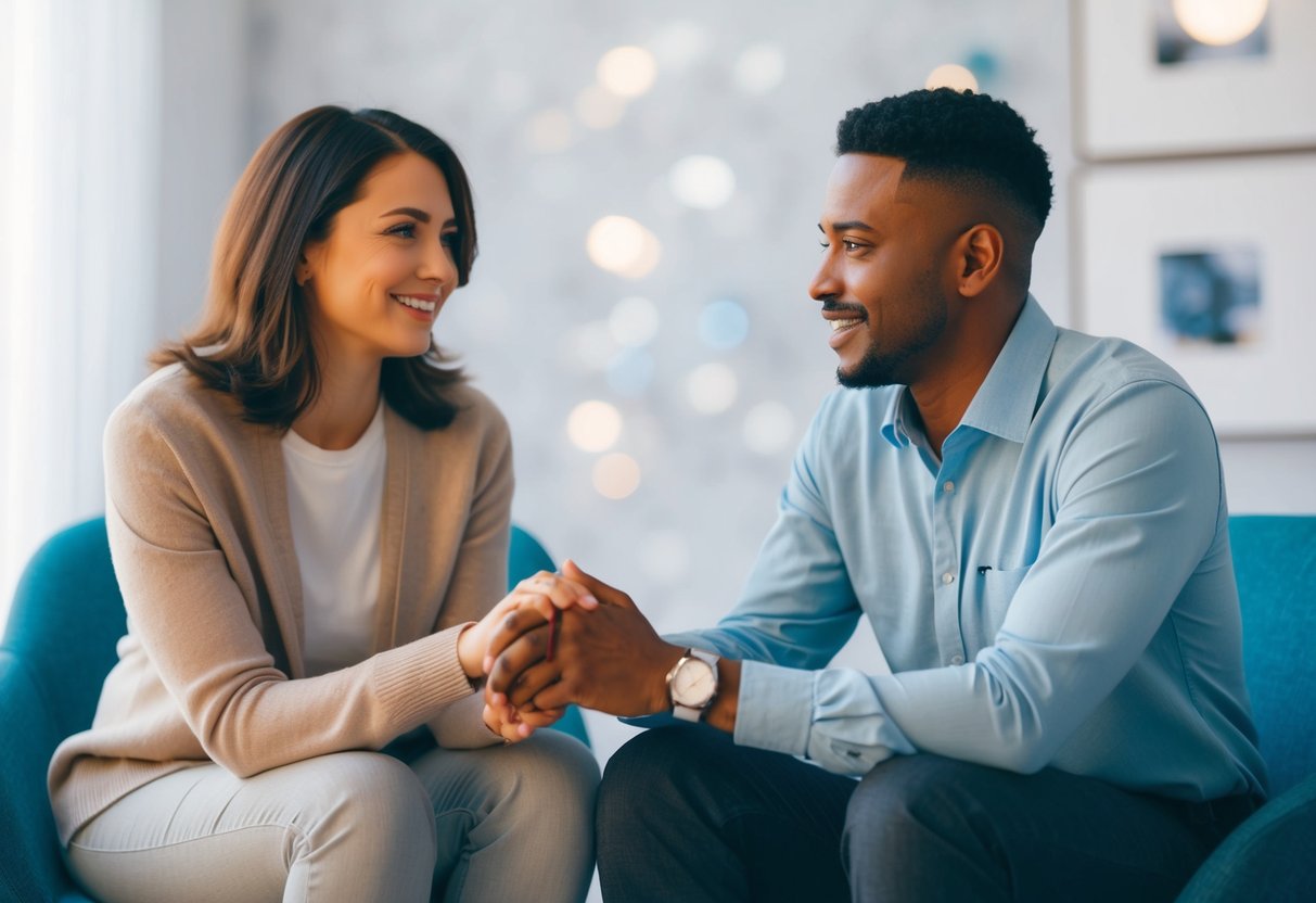 A person sitting with a supportive friend or therapist, engaged in a conversation and receiving comfort and understanding