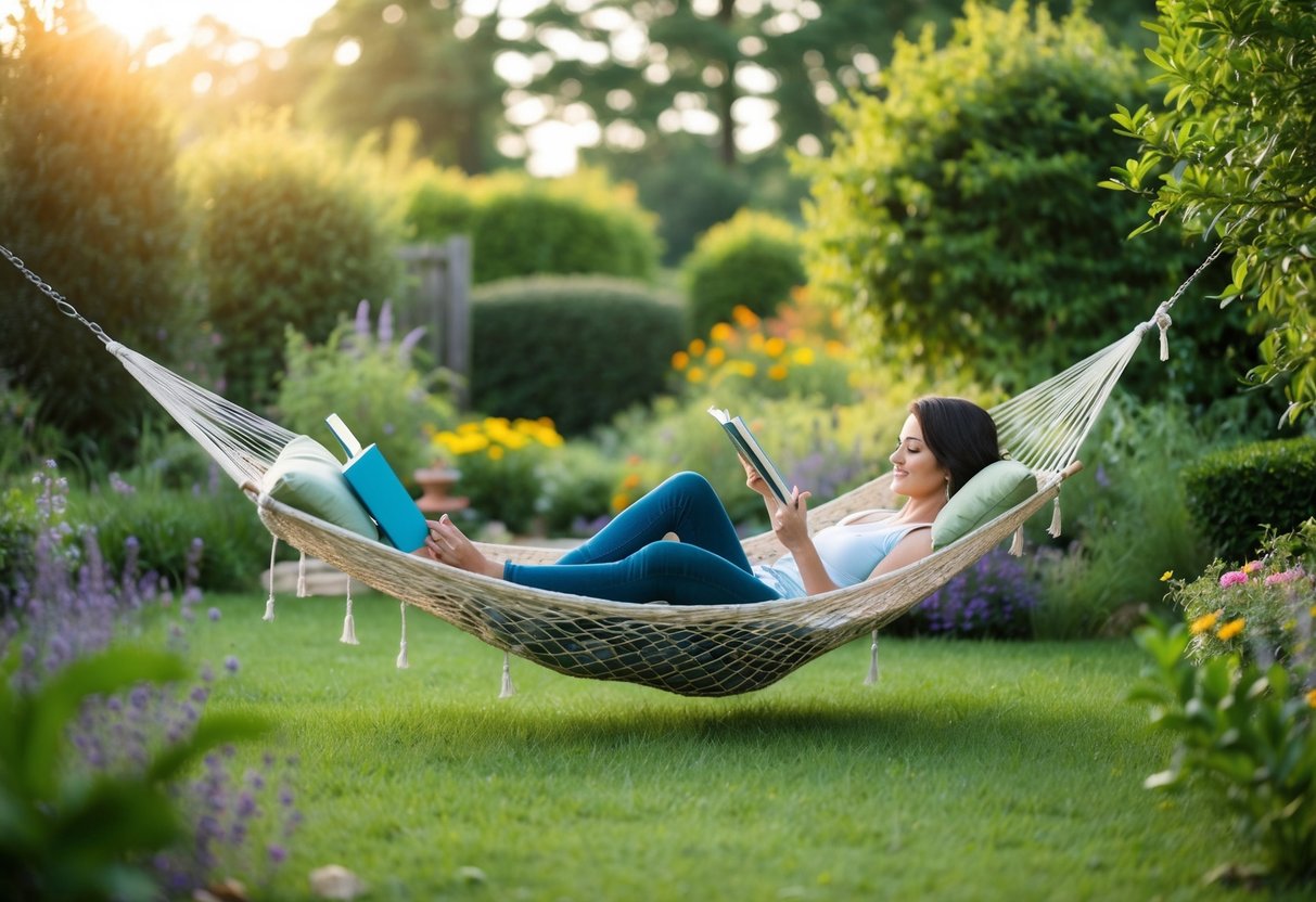 A serene garden with a person's favorite activities: reading, painting, yoga, or simply relaxing in a hammock surrounded by nature