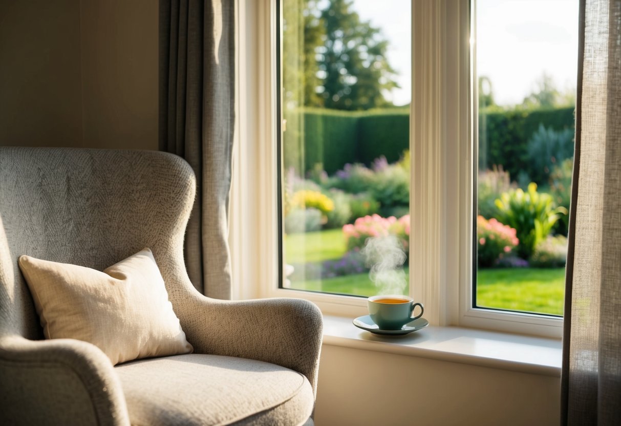 A serene, sunlit room with a cozy chair, a warm cup of tea, and a window overlooking a peaceful garden, inviting relaxation and self-care