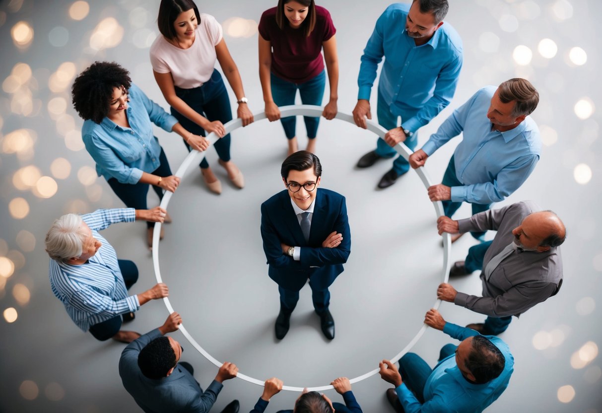 A person standing confidently in the center, surrounded by a circle of family members, each respecting the boundaries set by the individual