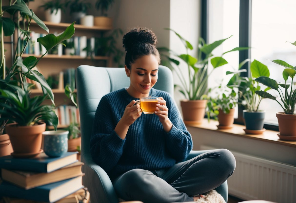 A person sitting in a cozy chair surrounded by plants and books, sipping tea and enjoying a moment of relaxation and self-care