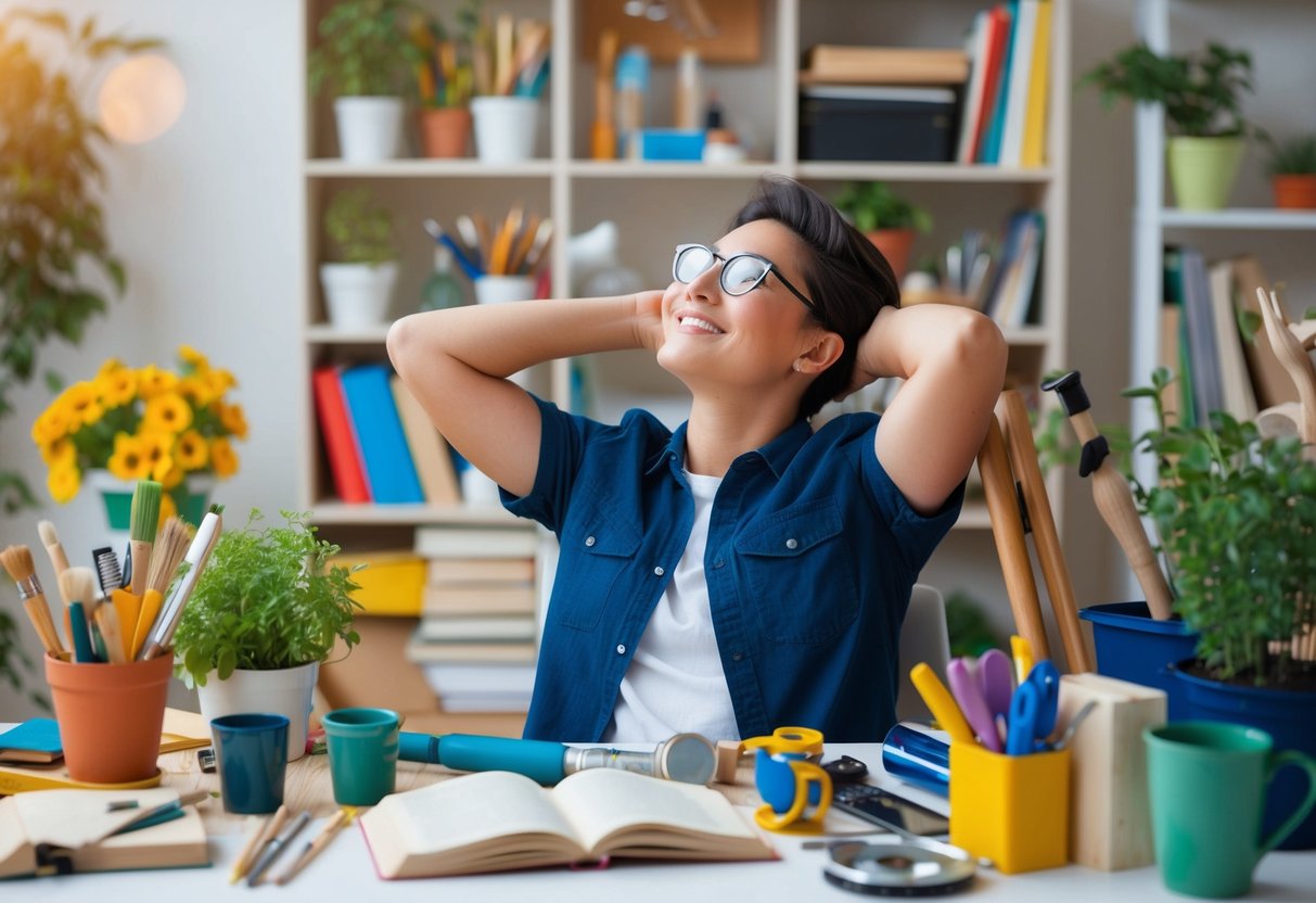 A person surrounded by art supplies, gardening tools, books, and musical instruments, enjoying a moment of relaxation and contentment in their favorite hobby