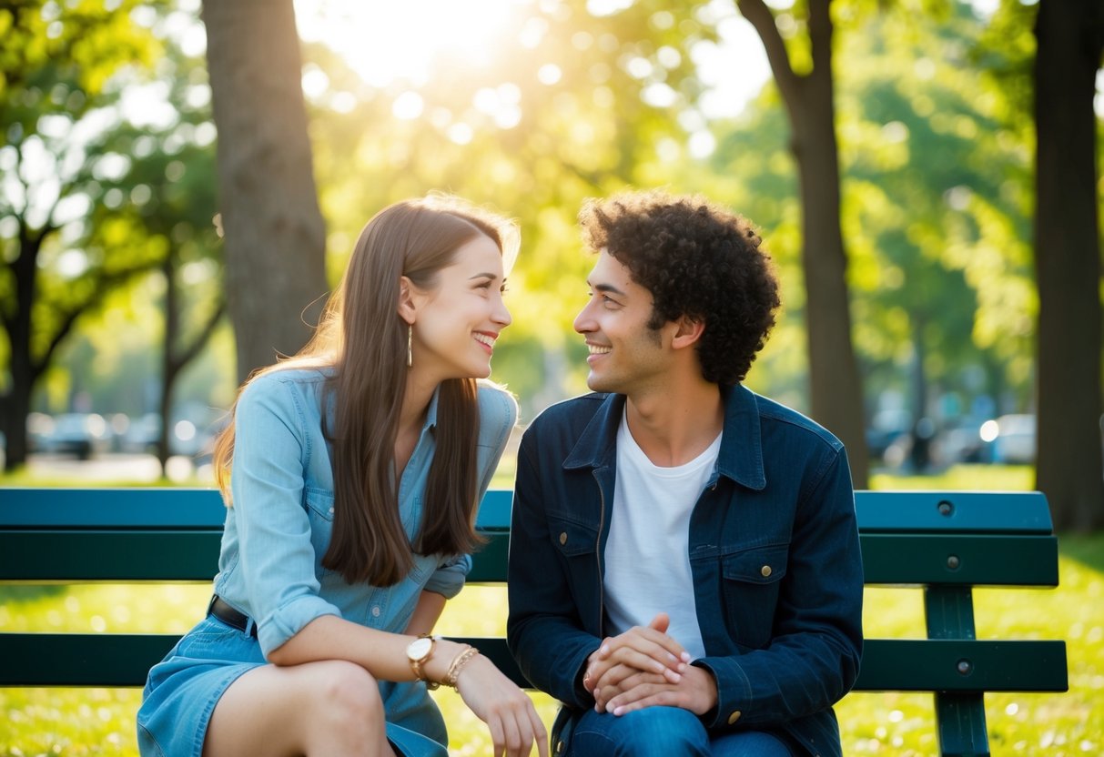 Two friends sitting on a park bench, one leaning in and speaking while the other listens attentively, surrounded by trees and sunlight