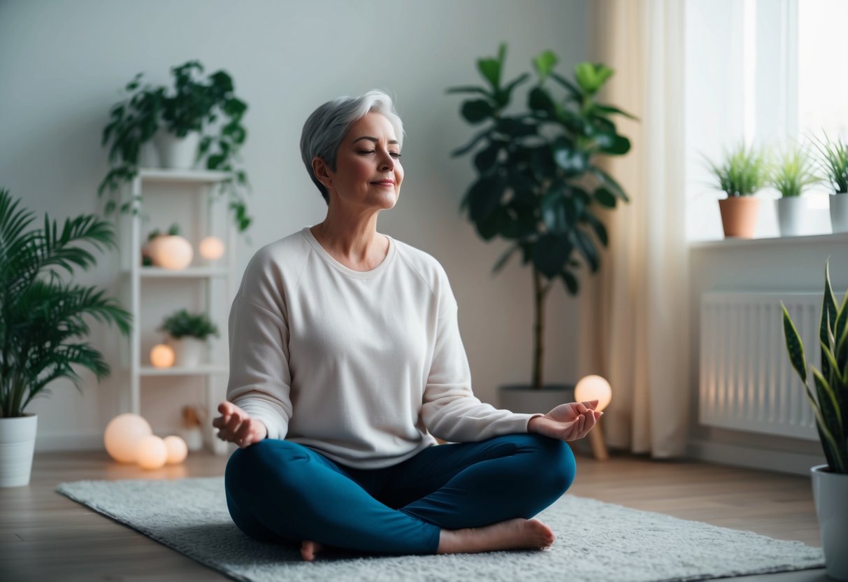 A parent sitting in a quiet room, surrounded by calming elements like plants and soft lighting, with a peaceful expression on their face as they engage in self-care activities