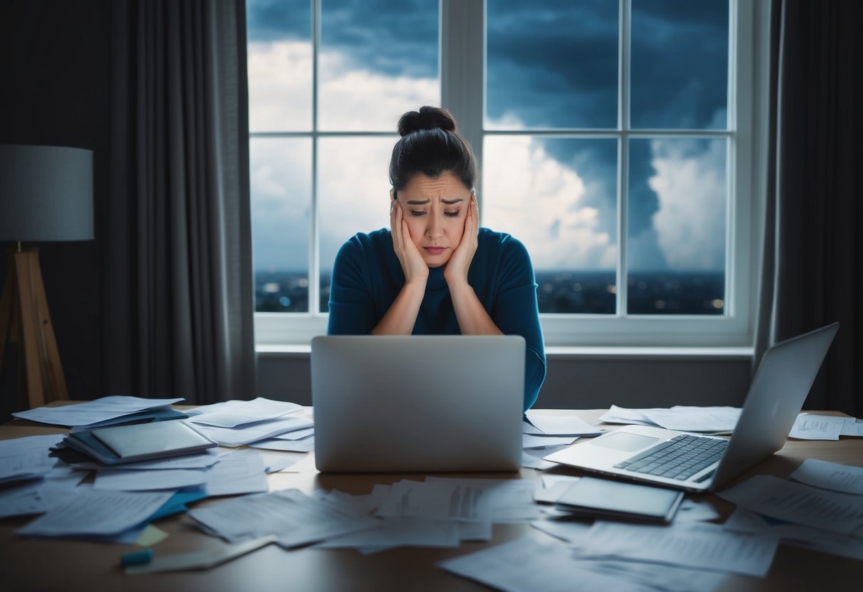 A parent sitting in a dimly lit room, surrounded by scattered papers and a laptop, looking distressed and overwhelmed. Outside the window, a storm is brewing