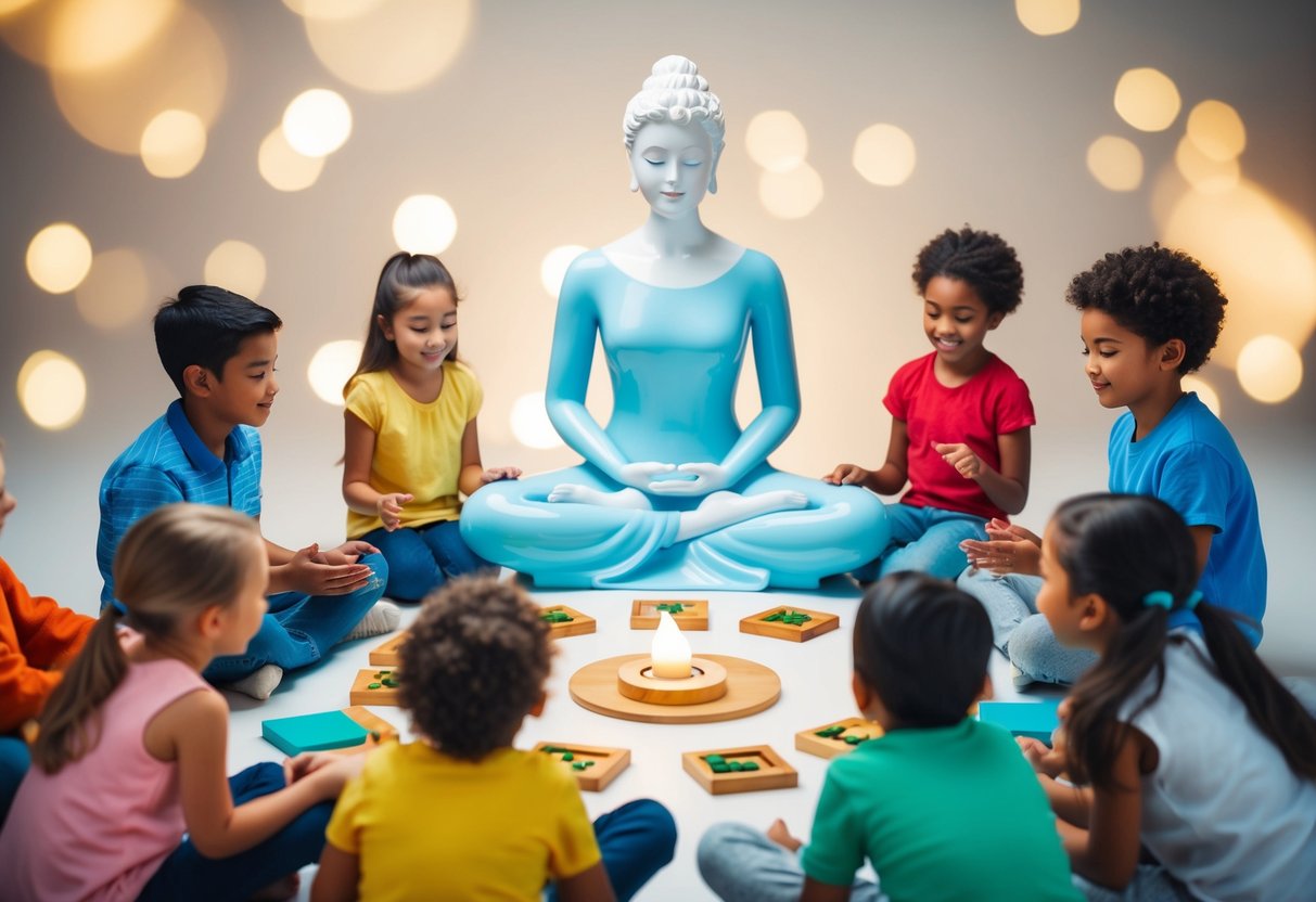 A serene figure surrounded by a circle of self-care activities, while calmly overseeing a group of playful children