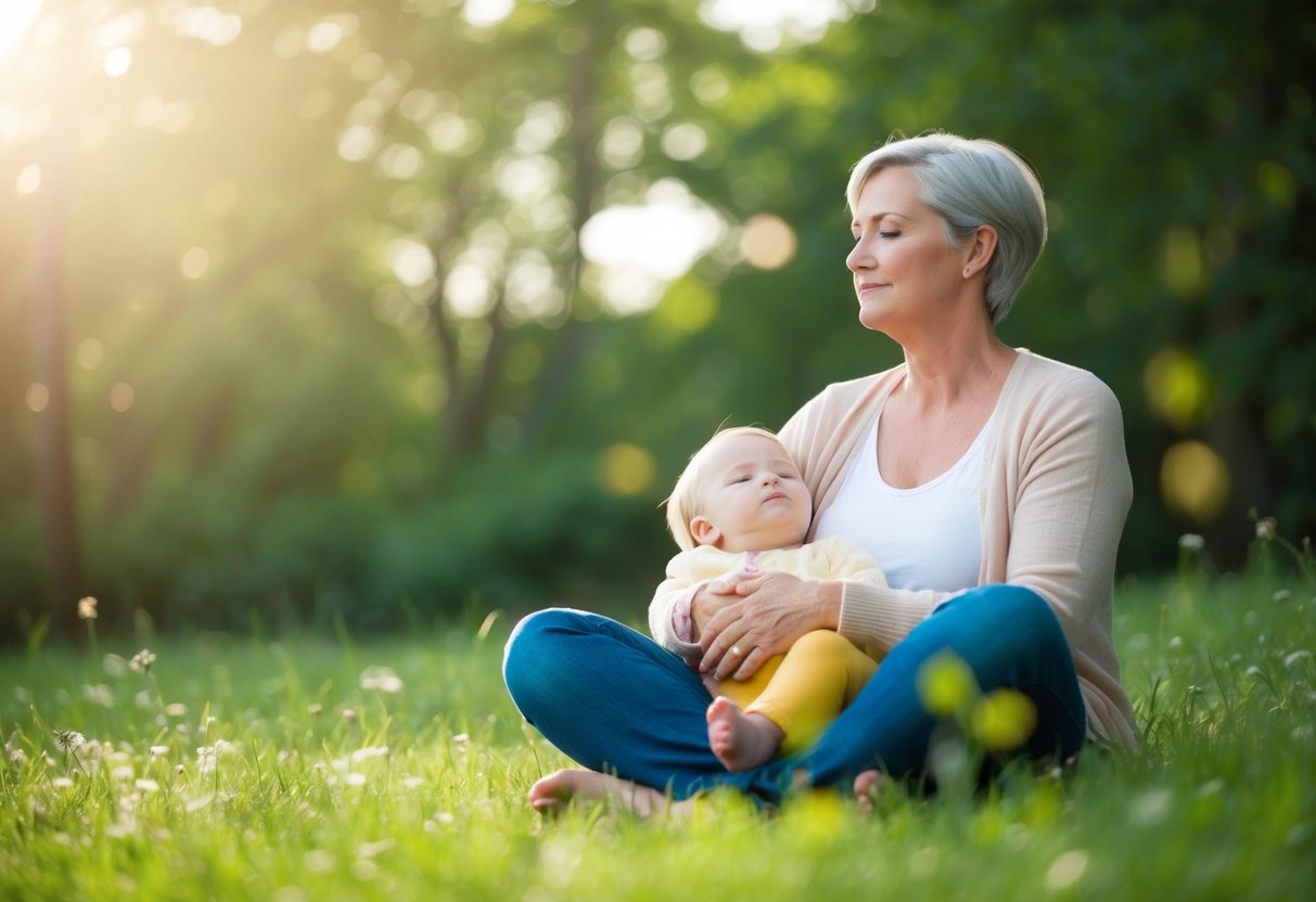 A serene parent surrounded by calming nature, releasing guilt and embracing positivity