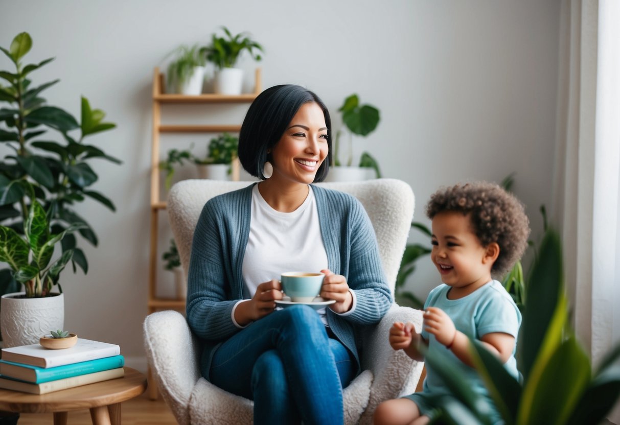 A parent sitting in a cozy chair, surrounded by self-care items like books, plants, and a cup of tea, while their child plays happily nearby