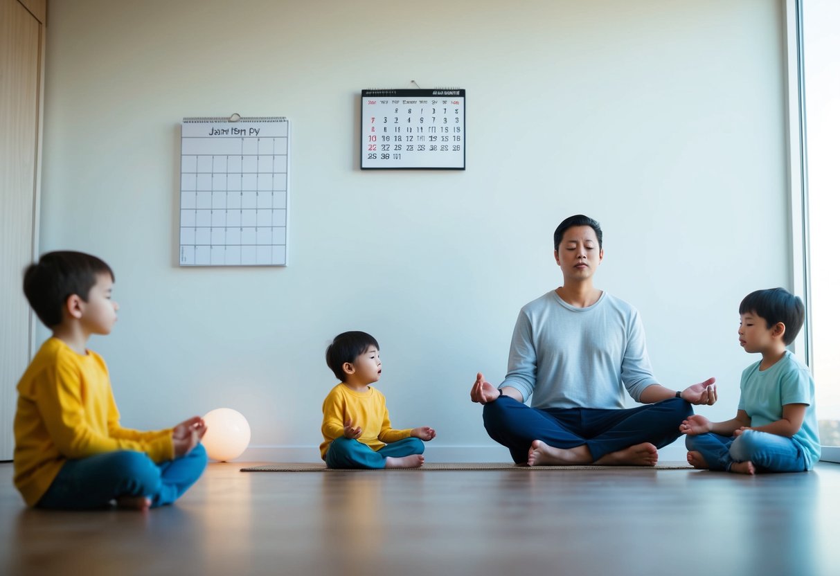 A serene morning scene: a parent meditates while children play nearby. A calendar on the wall shows a well-balanced schedule