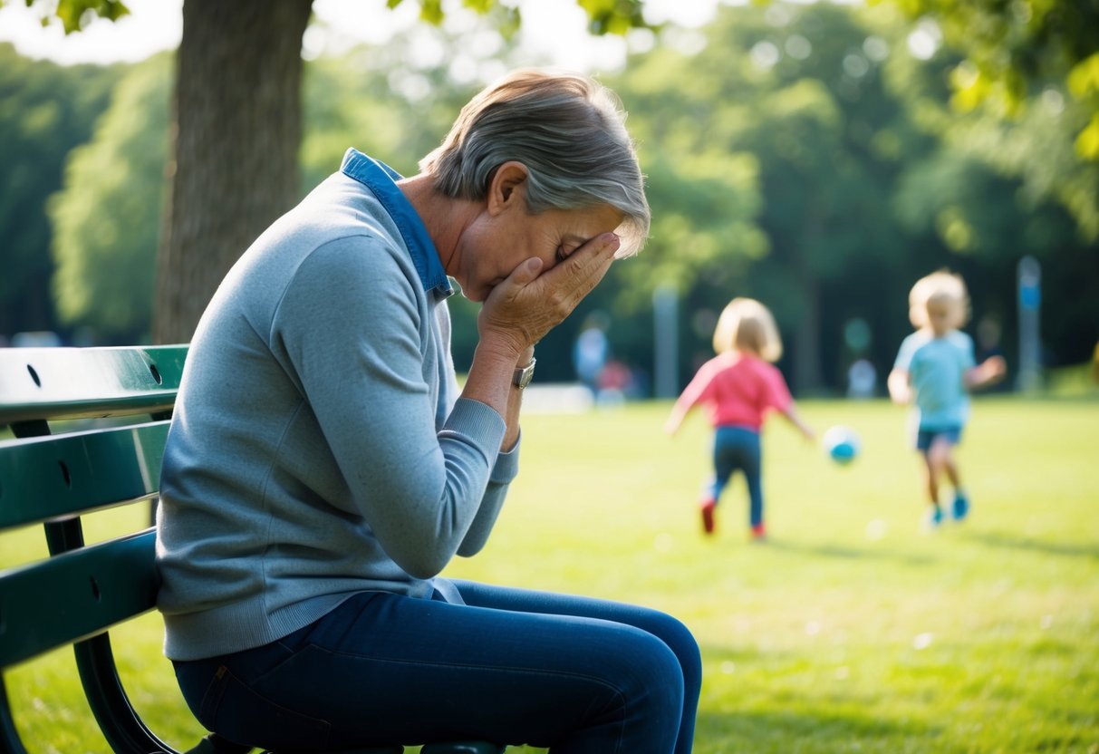 A parent sitting on a park bench, looking down with a heavy heart as their child plays in the distance, feeling overwhelmed by guilt