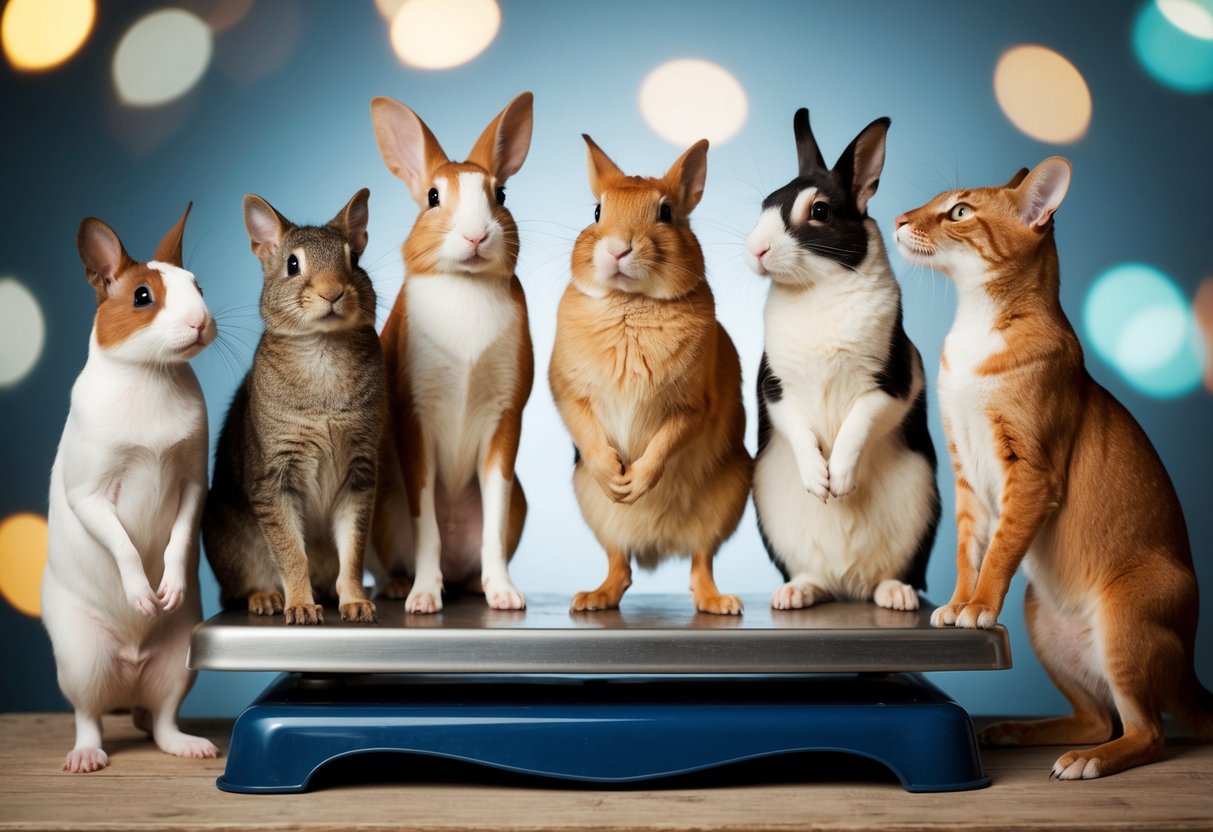 A group of different animals standing on a scale, looking at each other with a mix of envy and insecurity