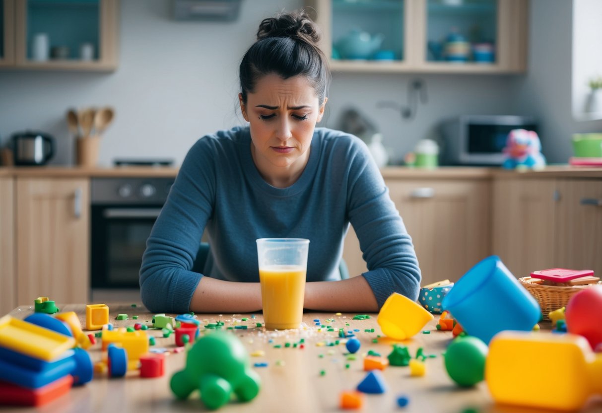 A parent sitting at a messy kitchen table, surrounded by scattered toys and a spilled cup of juice, with a tired but determined expression on their face