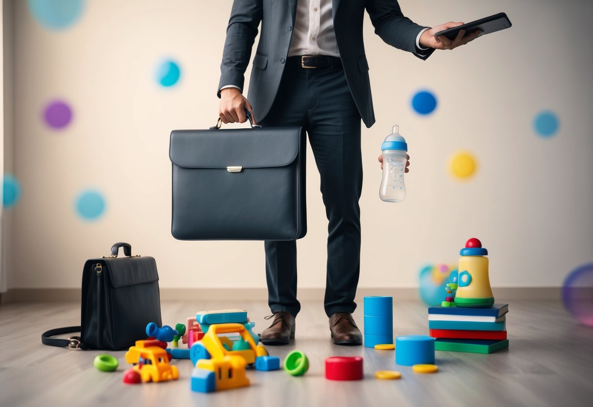 A parent juggling a briefcase and a baby bottle, surrounded by scattered toys and a ringing phone