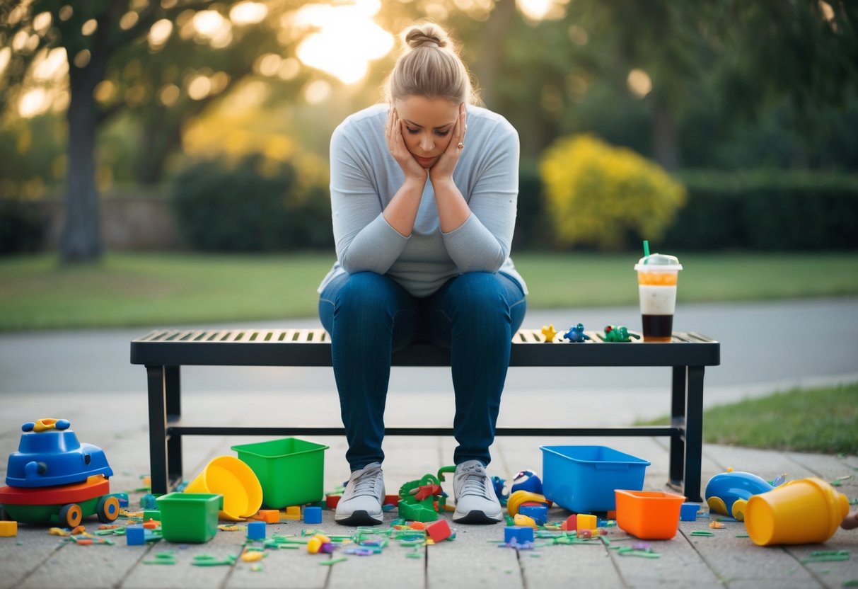 A parent sitting on a bench, surrounded by scattered toys and a spilled drink, looking down with a heavy expression