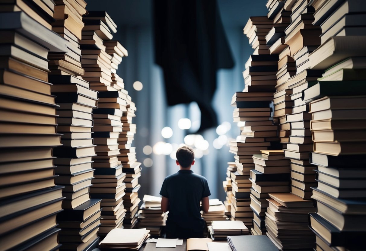 A person surrounded by towering stacks of books and papers, with a weighty shadow looming overhead