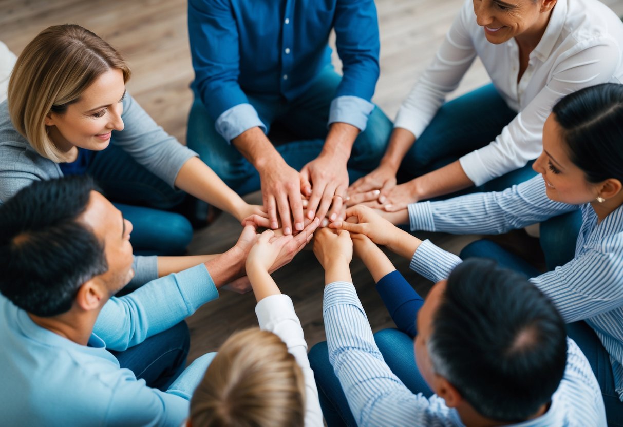 A group of parents gather in a circle, offering support and understanding to one another. Each parent has a different expression, conveying empathy and reassurance