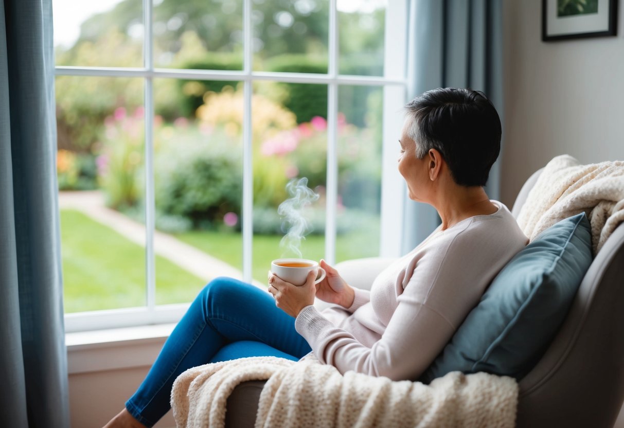 A parent sitting in a cozy chair, surrounded by soft blankets and pillows, with a cup of tea in hand, looking out the window at a peaceful garden