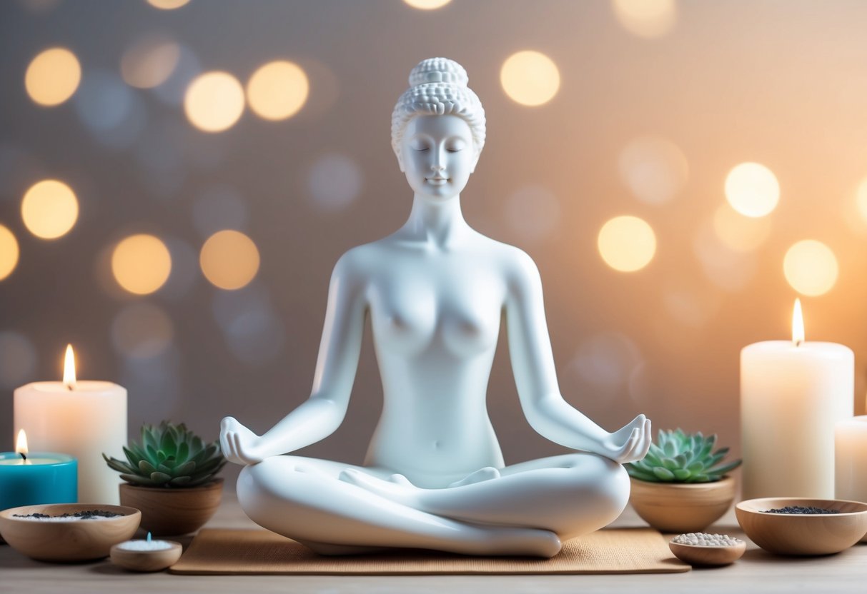 A serene figure surrounded by calming elements, practicing self-care activities like meditation, yoga, and journaling to release parental guilt