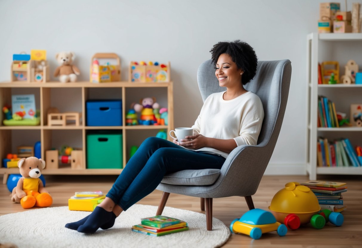 A parent sitting in a cozy chair with a cup of tea, surrounded by toys and books, taking a moment to relax and recharge