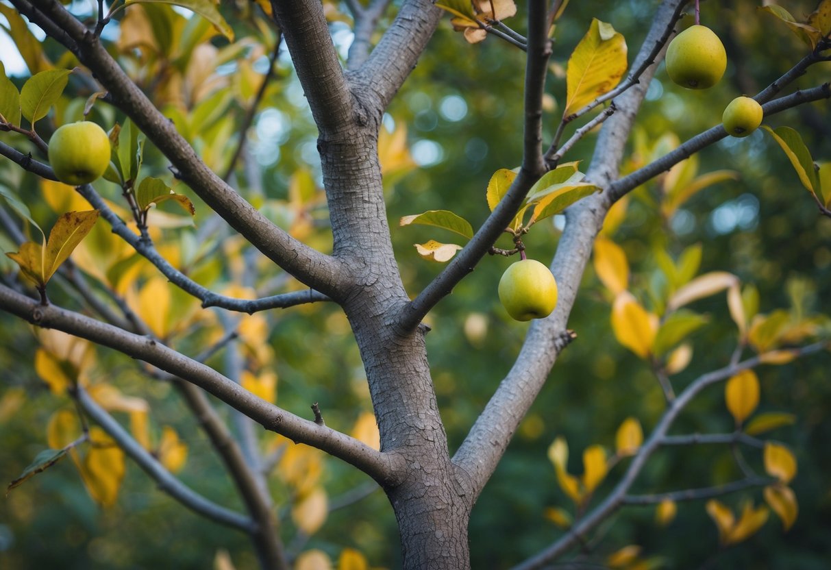 A tree with branches of varying lengths and angles, surrounded by fallen leaves and imperfectly shaped fruits